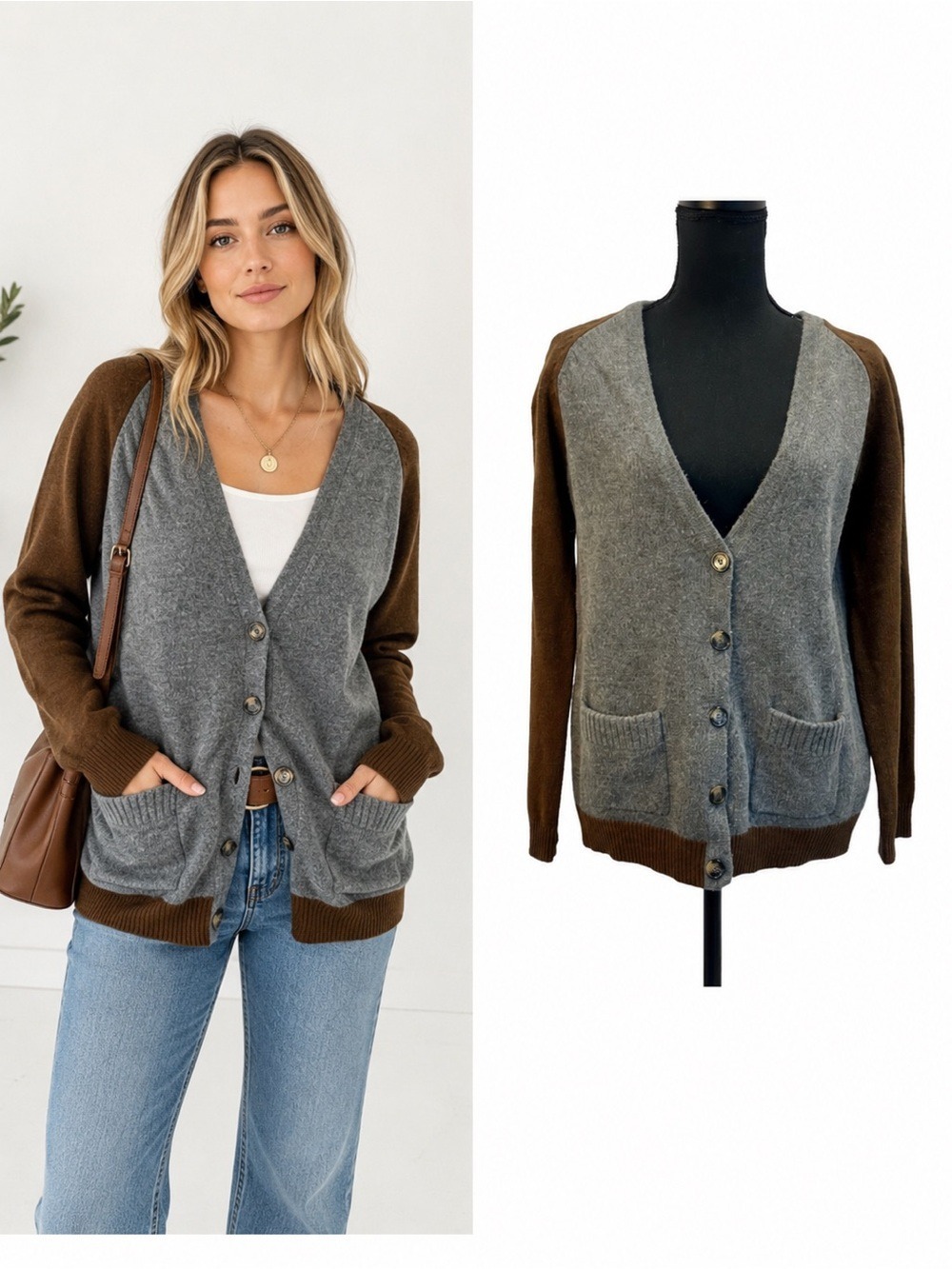 ZARA Gray & Brown Wool Blend Colorblock V-Neck Button Cardigan Sweater Size Larg